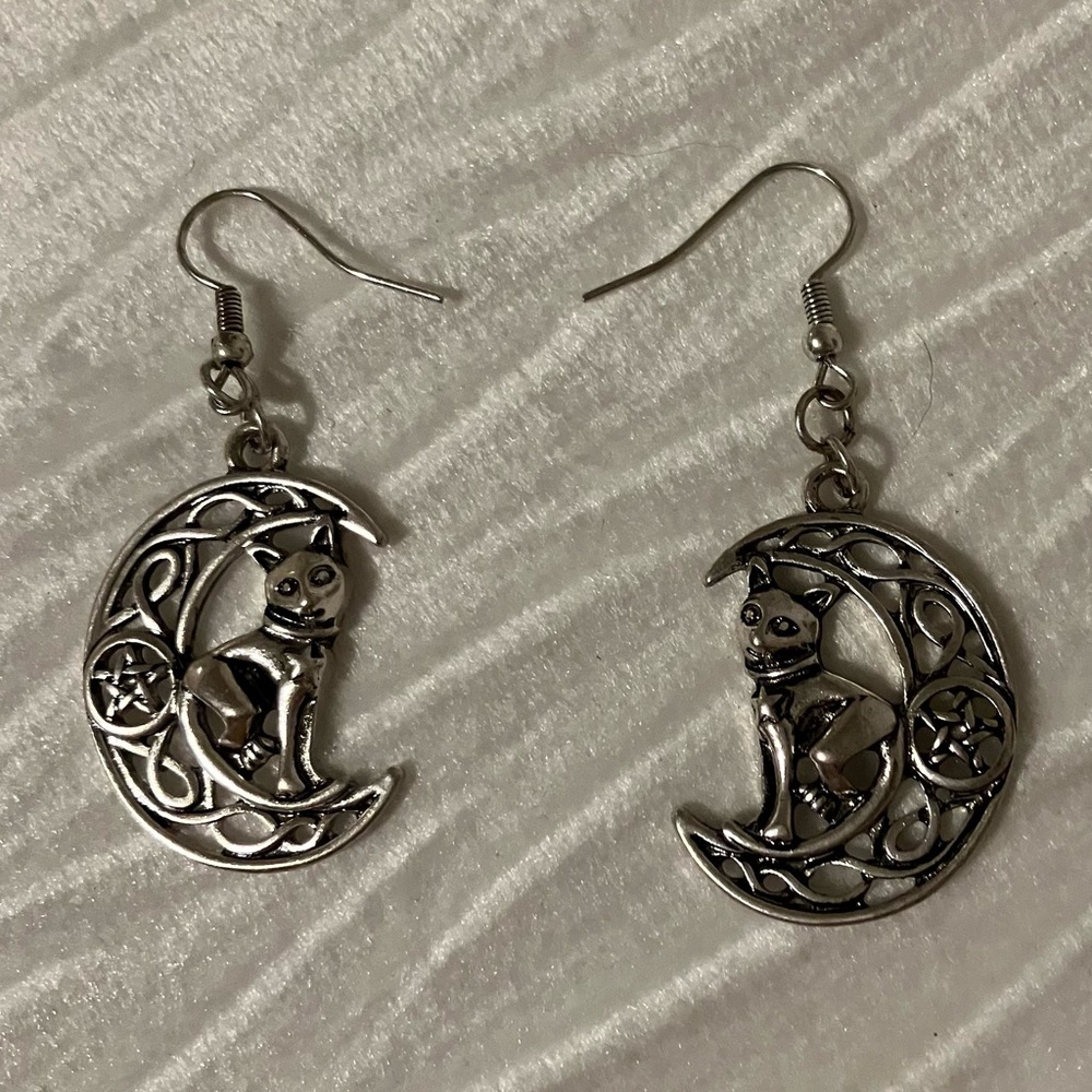 Silver Cat Moon Earrings